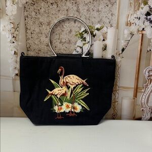 Elegant Black Tote with Flamingo Embroidery Very Vintage